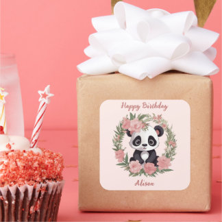 Adorable Baby Panda Bear with Flowers Square Sticker