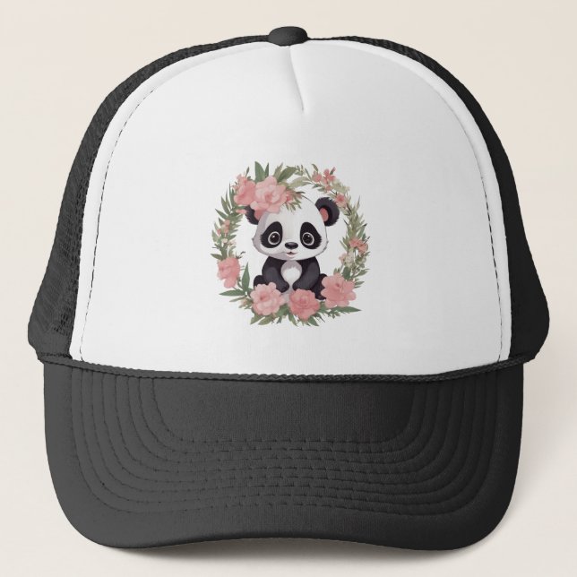 Adorable Baby Panda Bear with Flowers Trucker Hat (Front)