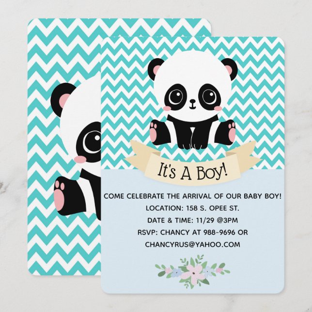 Adorable Baby Panda Blue Baby Shower Invitations (Front/Back)