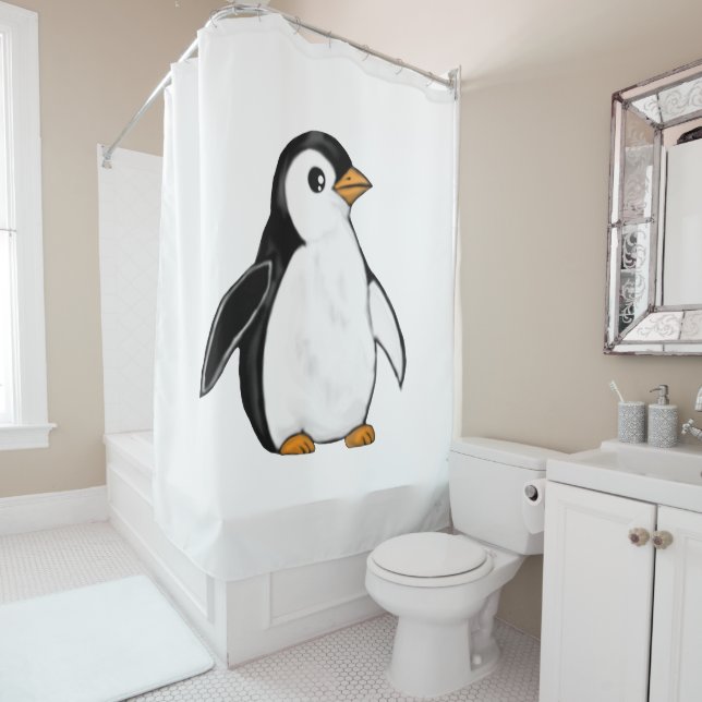 Adorable Baby Penguin Airbrush-Style Winter Art Shower Curtain (In Situ)
