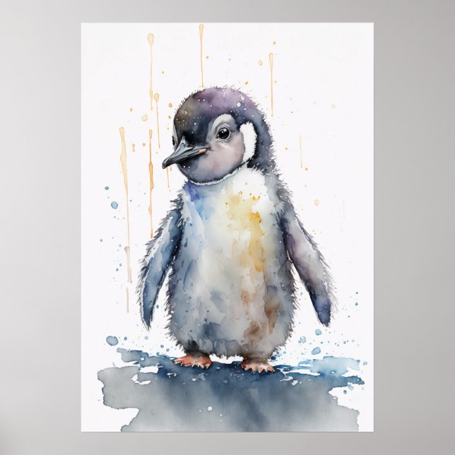 Adorable Baby Penguin Watercolor Nursery Poster (Front)