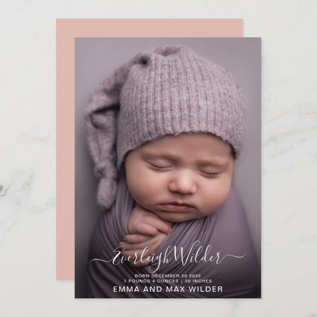 Adorable Baby Photo Script Overlay Birth  Announcement (Front/Back)