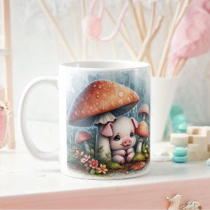 Adorable Baby Pig Under Mushroom Umbrella Coffee Mug