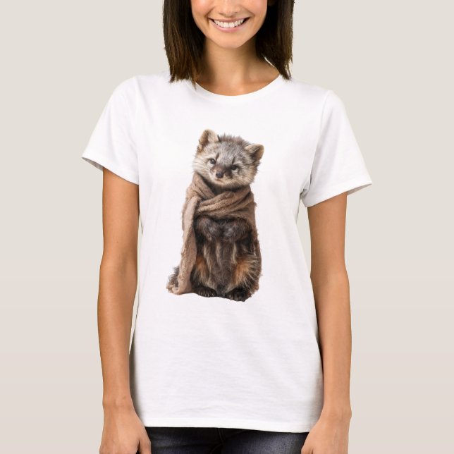 Adorable Baby Raccoon Illustration with Wool Scarf T-Shirt (Front)