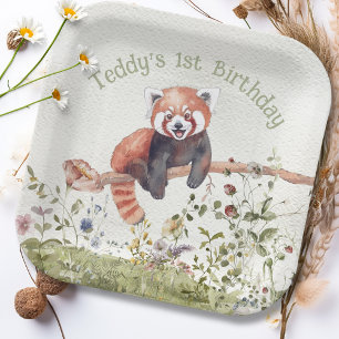 Adorable Baby Red Panda Bear 1st Birthday Party Paper Plate