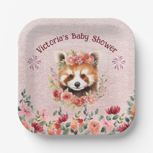 Adorable Baby Red Panda Bear Baby Shower Paper Plate (Front)