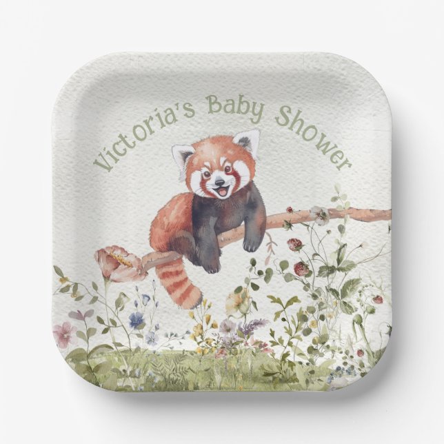 Adorable Baby Red Panda Bear Baby Shower Paper Plate (Front)