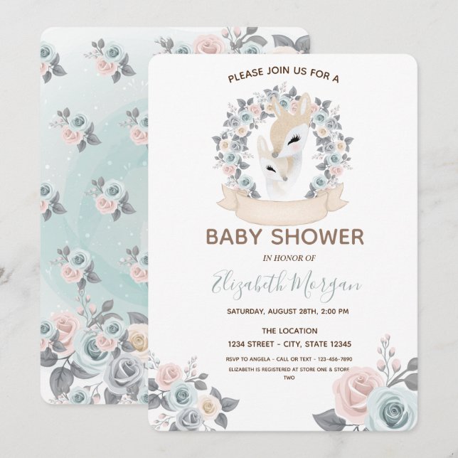Adorable Baby Reindeers Flowers Baby Shower  Invitation (Front/Back)