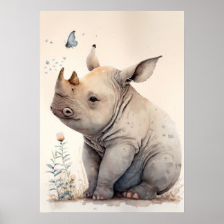 Adorable Baby Rhino Watercolor Nursery Poster