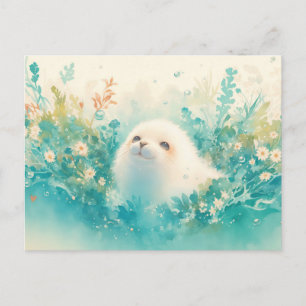 Adorable Baby Seal in Watercolor Meadow Postcard