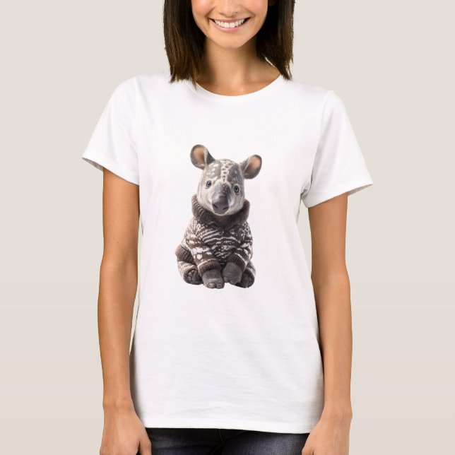 Adorable Baby Tapir in Knitted Brown and White T-Shirt (Front)