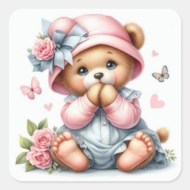 Adorable baby teddy bear with pink hat and bow square sticker (Front)