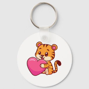 Adorable Baby Tiger Hugging a Heart Key Ring