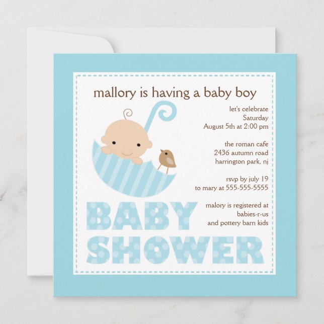 Adorable Baby Umbrella Boy Baby Shower Invitation (Front)
