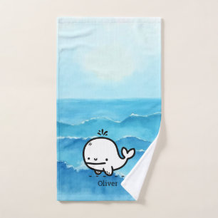 Adorable Baby Whale - Kawaii Sea Creature Line Art Bath Towel Set