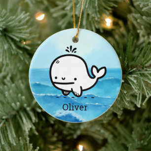 Adorable Baby Whale - Kawaii Sea Creature Line Art Ceramic Tree Decoration