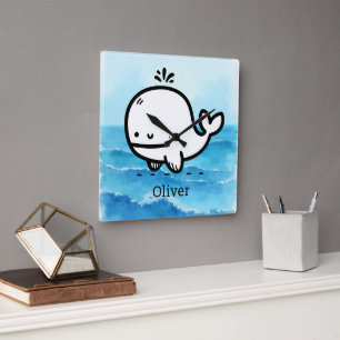 Adorable Baby Whale - Kawaii Sea Creature Line Art Square Wall Clock