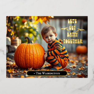 Adorable Baby with Halloween Pumpkin Foil Invitation Postcard