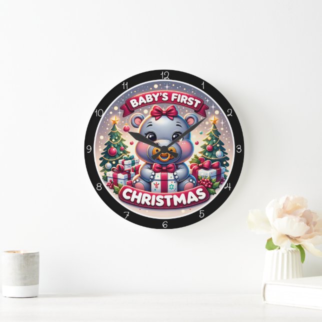 Adorable Baby's First Hippopotamus Christmas Large Clock (Home)