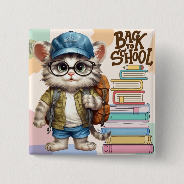 Adorable Back To School Cat Wearing Backpack 15 Cm Square Badge (Front)