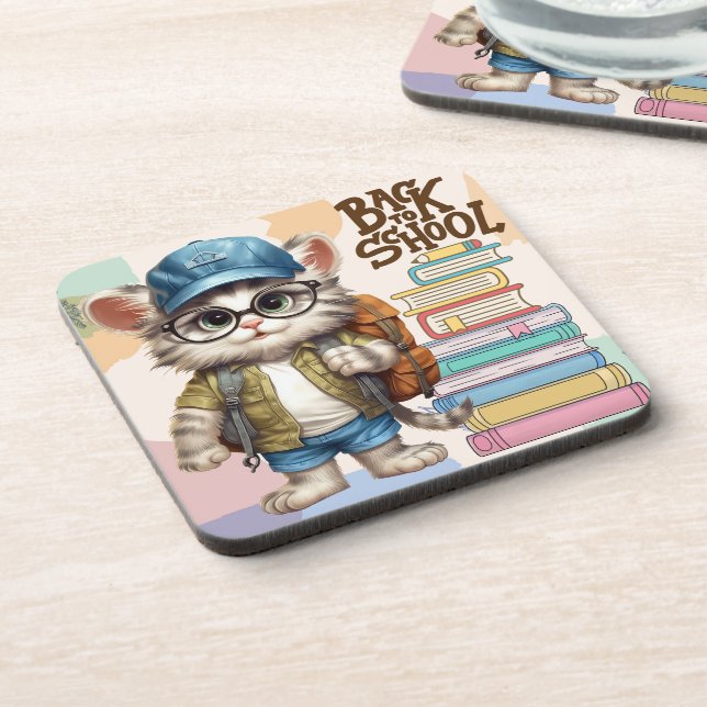 Adorable Back To School Cat Wearing Backpack Coaster (Left Side)