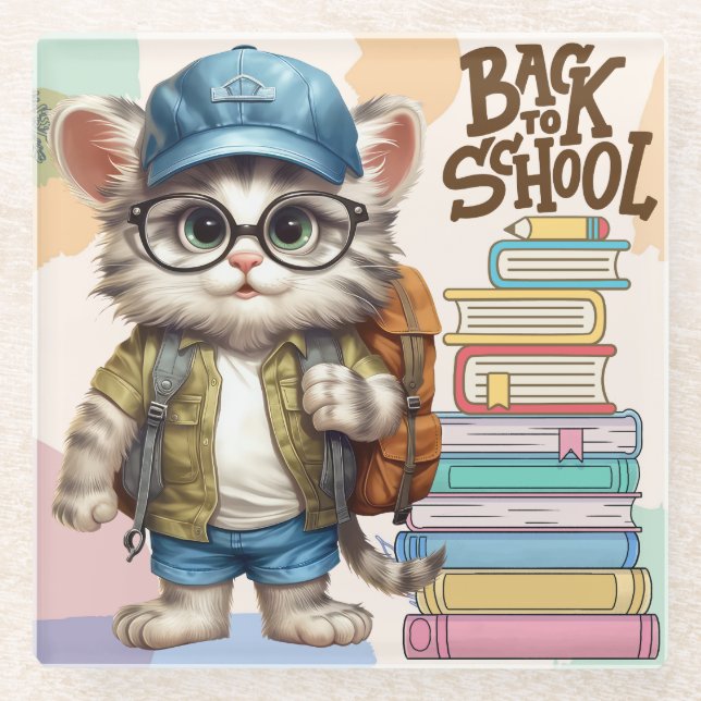 Adorable Back To School Cat Wearing Backpack Glass Coaster (Front)