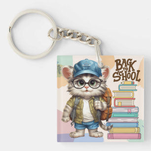 Adorable Back To School Cat Wearing Backpack Key Ring