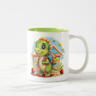 Adorable Back-to-School Dinosaur with Backpack Two-Tone Coffee Mug