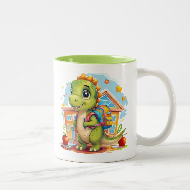 Adorable Back-to-School Dinosaur with Backpack Two-Tone Coffee Mug (Right)