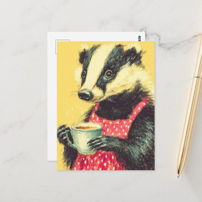 Adorable Badger Red Polka Dot Apron With a Coffee Postcard (Front/Back In Situ)