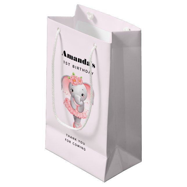 Adorable Ballerina Elephant Birthday Thank You Small Gift Bag (Front Angled)