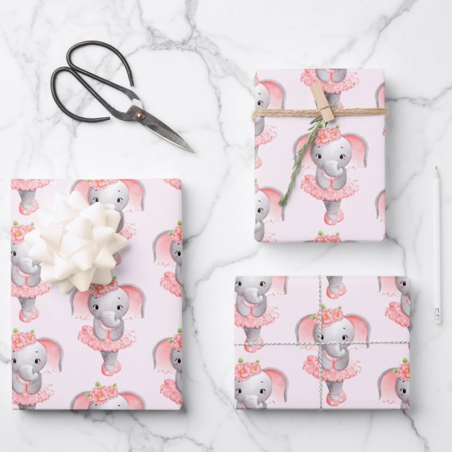 Adorable Ballerina Elephant En Pointe Pattern Wrapping Paper Sheet (Front)