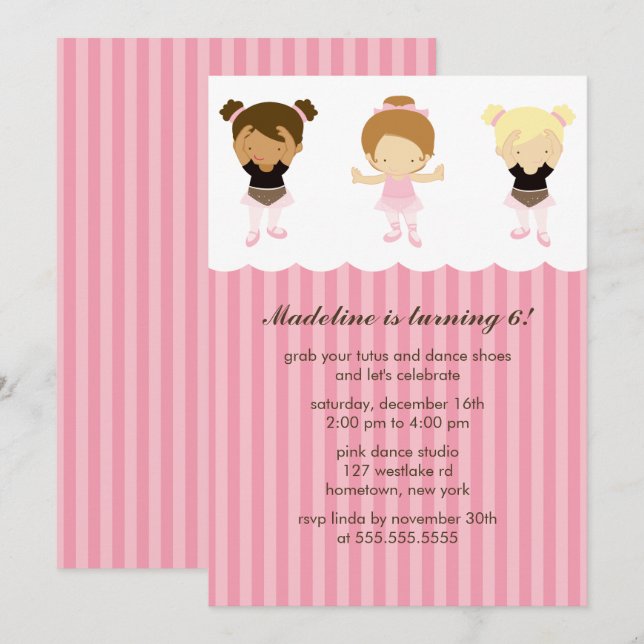 Adorable Ballet Dancers Girls Birthday Party Invitation (Front/Back)