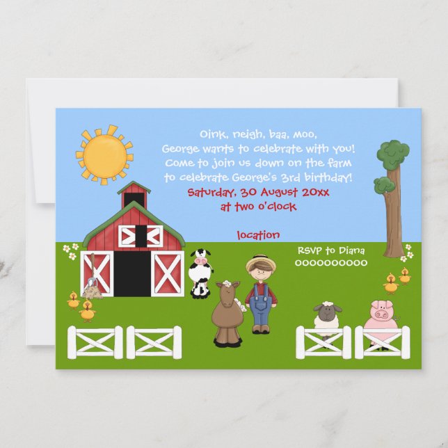 Adorable barnyard farm animal kids birthday invitation (Front)