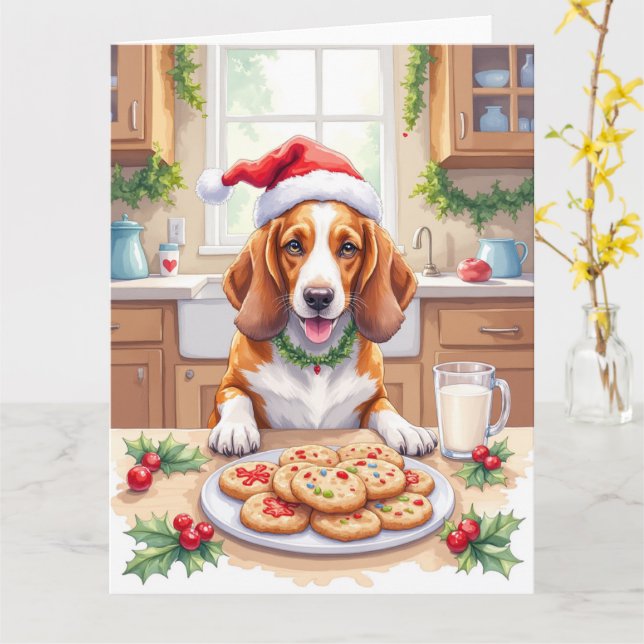 Adorable Basset Hound Sneaking Christmas Cookies Card (Yellow Flower)