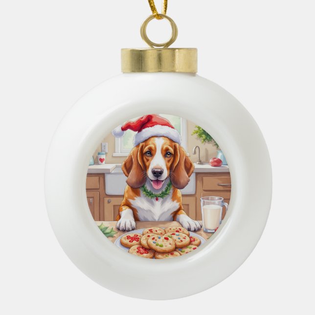 Adorable Basset Hound Sneaking Christmas Cookies Ceramic Ball Christmas Ornament (Front)
