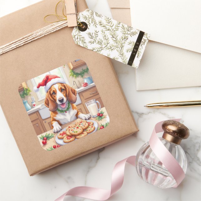 Adorable Basset Hound Sneaking Christmas Cookies Square Sticker (Gifting)