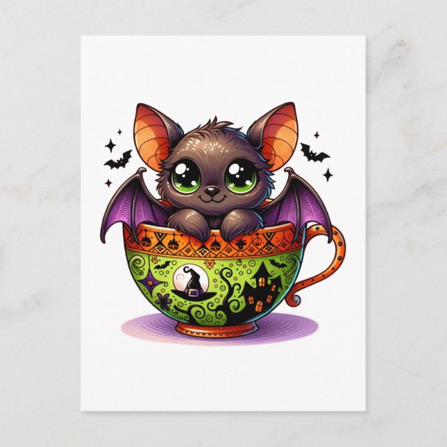 Adorable Bat in a Halloween Teacup Postcard (Front)