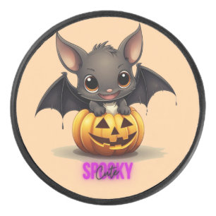 Adorable Bat on Pumpkin Cute Halloween Decor 2024 Hockey Puck