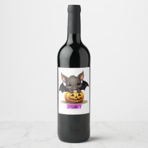 Adorable Bat on Pumpkin Cute Halloween Decor 2024 Wine Label