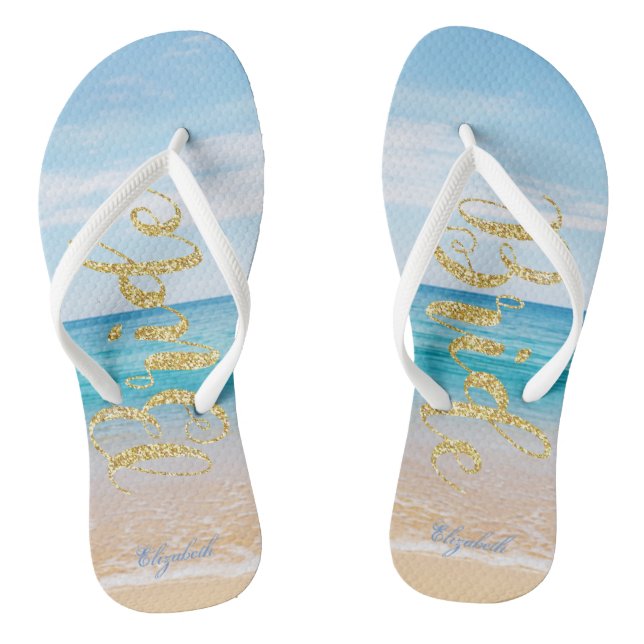 Adorable Beach Gold  Glitter Bride -Personalised Flip Flops (Footbed)