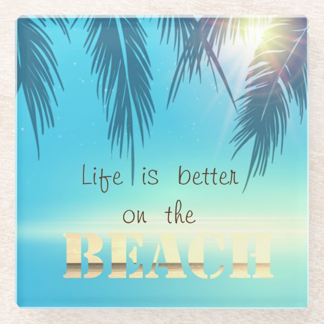 Adorable Beach Palm Leaves  Glass Coaster (Front)