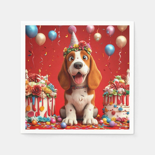 Adorable Beagle Dog Celebrating Birthday Napkin (Front)