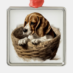 ADORABLE BEAGLE PUPPY DOG IN BASKET METAL TREE DECORATION