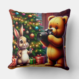 Adorable Bear and Rabbit Capturing Christmas Cushion