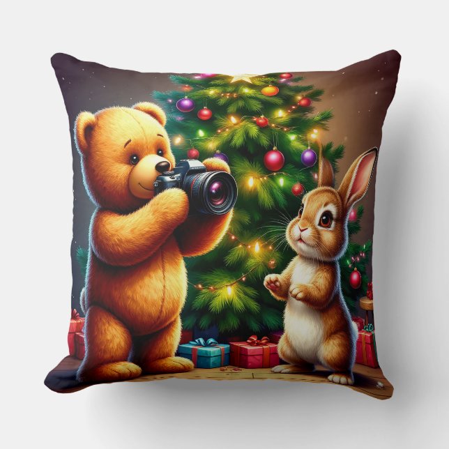 Adorable Bear and Rabbit Capturing Christmas Cushion (Front)