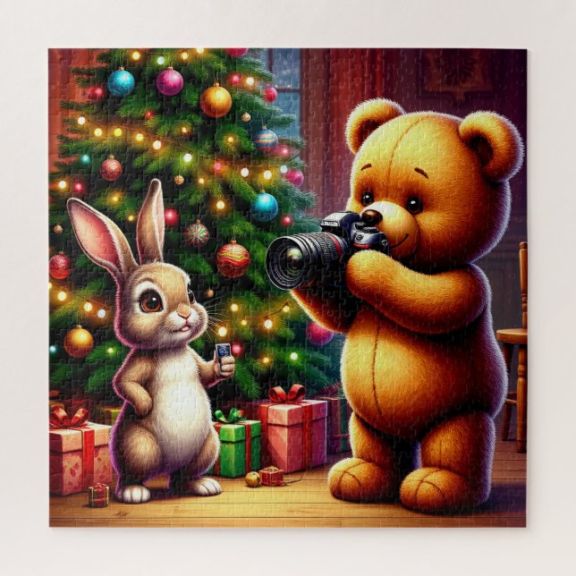 Adorable Bear and Rabbit Capturing Christmas Jigsaw Puzzle (Vertical)