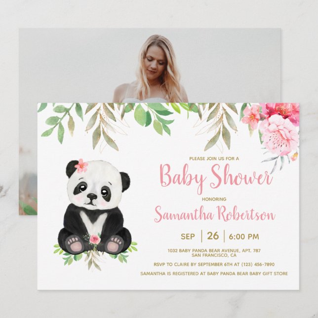 Adorable Bear Blush Pink Floral Baby Shower Photo Invitation (Front/Back)
