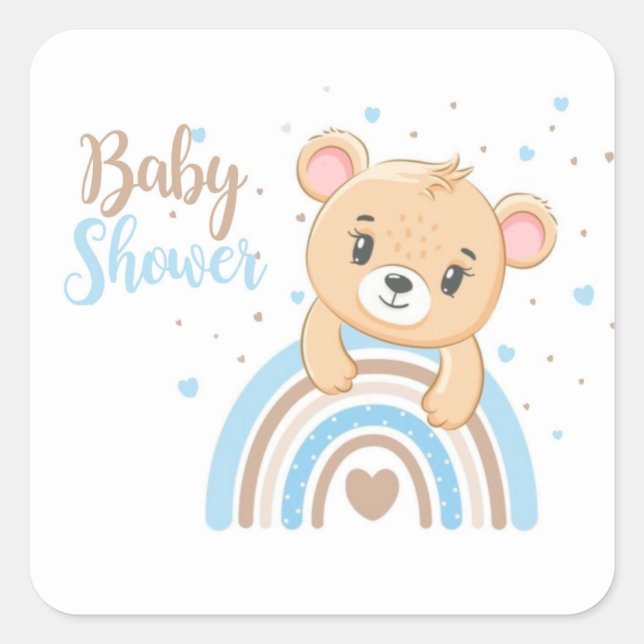 Adorable Bear Boho Rainbow Boy Baby Shower Square Sticker (Front)