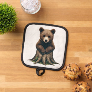 Adorable Bear Cub Sitting on Tree Stump Pot Holder